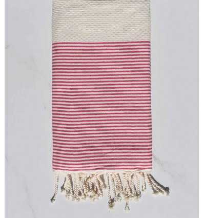 Fouta nid d'abeille beige clair rayée rose