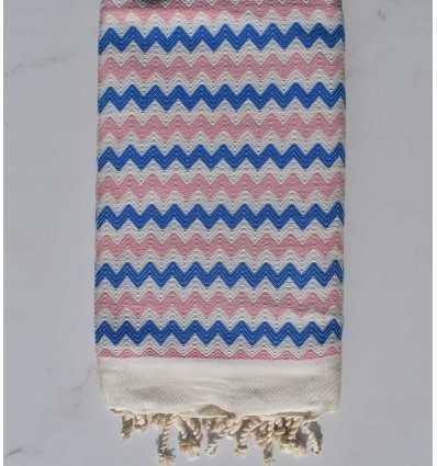 Fouta zigzag écru, rose et bleu