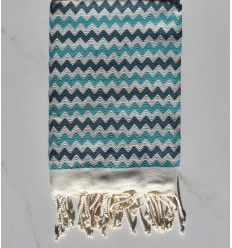 Fouta zigzag crème,bleu cobalt et Turquoise 