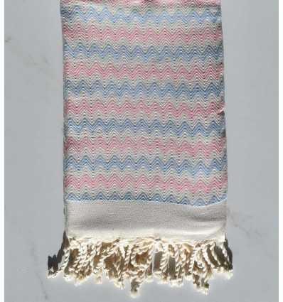 Fouta zigzag écru, Rose clair et bleu ciel