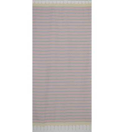 Fouta zigzag écru, Rose clair et bleu ciel 