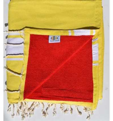 fouta doublée éponge jaune cobalt et rouge