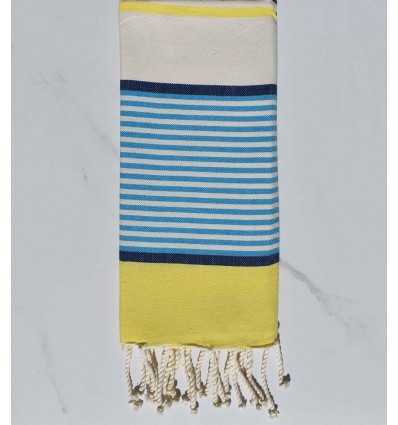 fouta  enfants bleu, bleu jean foncé, jaune et blanc cassé