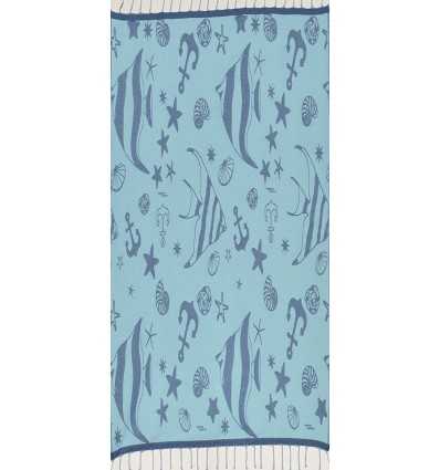 Fouta jacquard étoile de mer bleu bleuet et bleu ciel clair 