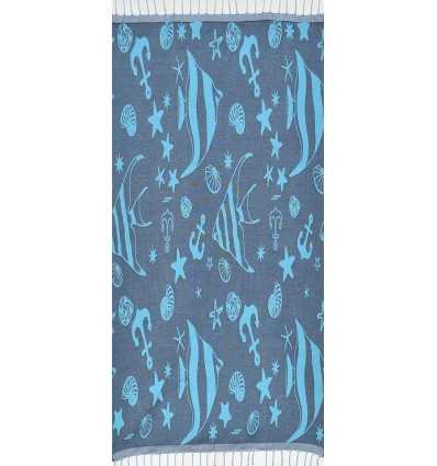 Fouta jacquard étoile de mer bleu minuit et bleu azur clair 