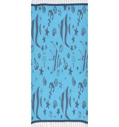 Fouta jacquard étoile de mer bleu minuit et bleu azur clair 