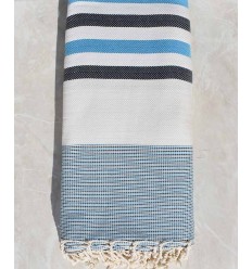 Jeté blanc écru, noir et bleu célèste 