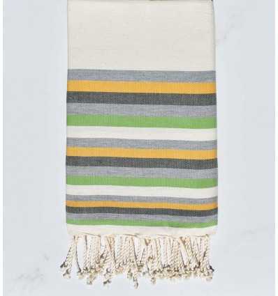 Fouta Plate blanc crème, gris, jaune, vert militaire et  vert clair