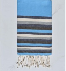 Fouta Plate bleu clair, bleu nuit, blanc, gris et marron 