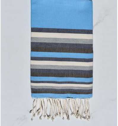 Fouta Plate bleu clair, bleu nuit, blanc, gris et marron