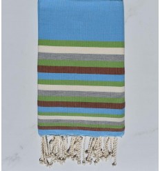 Fouta Plate bleu clair, vert, blanc, gris et marron 