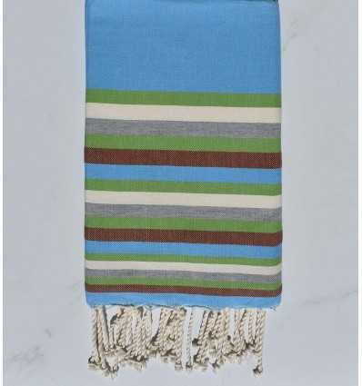 Fouta Plate bleu clair, vert, blanc, gris et marron