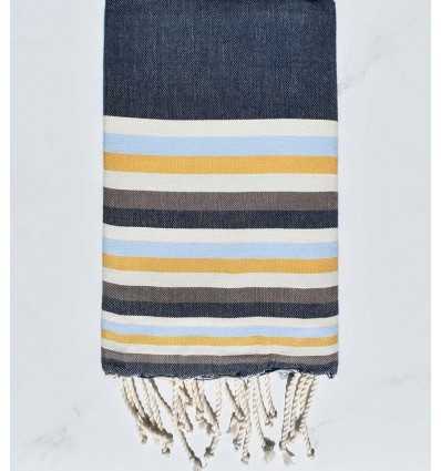 Fouta plate bleu denim,blanc crème, bleu clair, jaune et marron