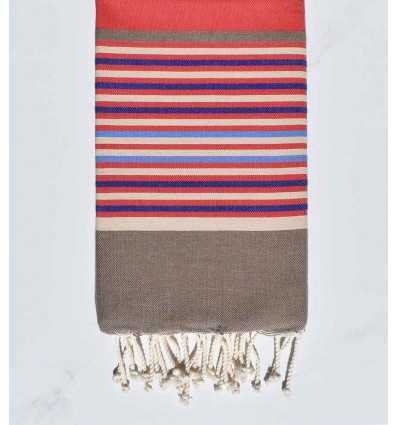 Fouta plate rouge,bisque,beige,bleu et bleu clair