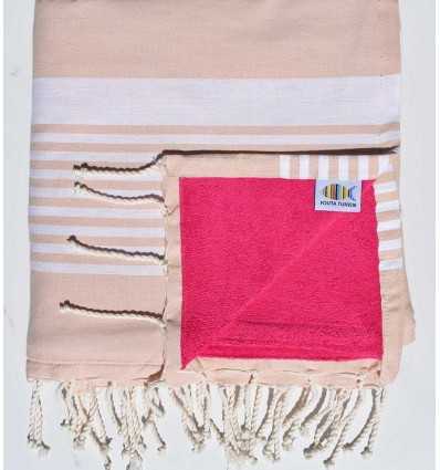 fouta arthur doublée éponge beige rosé et  fushia