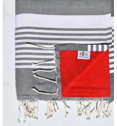 fouta arthur doublée éponge gris foncé et rouge 