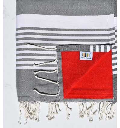 fouta arthur doublée éponge gris foncé et rouge