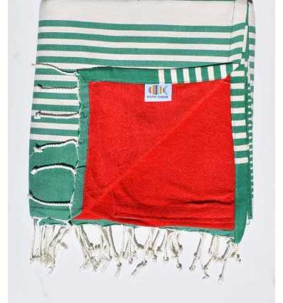 fouta doublée éponge vert foncé, rouge