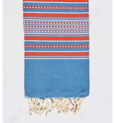 Fouta arabesque bleu denim rayée rouge 