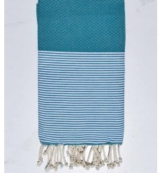 FOUTA NID D'ABEILLE bleu canard rayée blanc Fouta Tunisia - 1