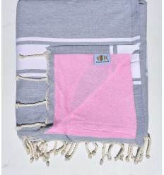 Fouta doublée éponge gris clair et rose Fouta Tunisia - 1