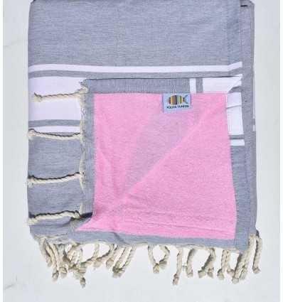 Fouta doublée éponge gris clair et rose