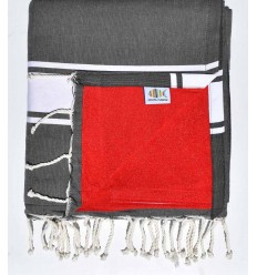 Fouta doublée éponge gris foncé et rouge  - 1
