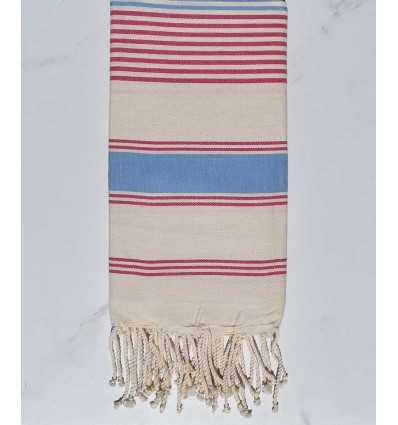 Fouta dina blanc crème, bleu clair et rose foncé