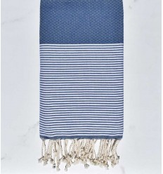 FOUTA NID D'ABEILLE Bleu guède rayée blanc Fouta Tunisia - 1