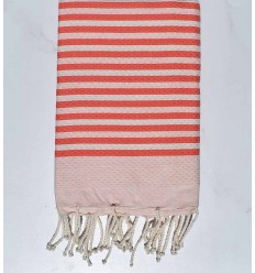 Fouta nid d'abeille rayée 1 cm couleur rose corail Fouta Tunisia - 1