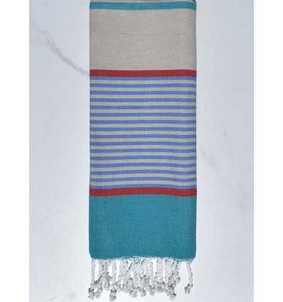 Fouta enfant grège, bleu, rouge et bleu canard