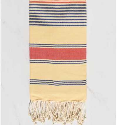 Fouta dina jaune crème, bleu jean et rouge corail