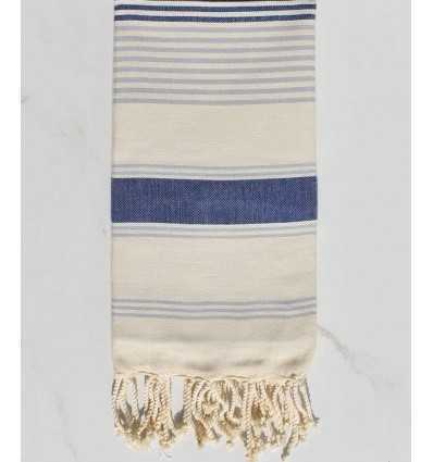 Fouta dina blanc crème, bleu jean et bleu fumée