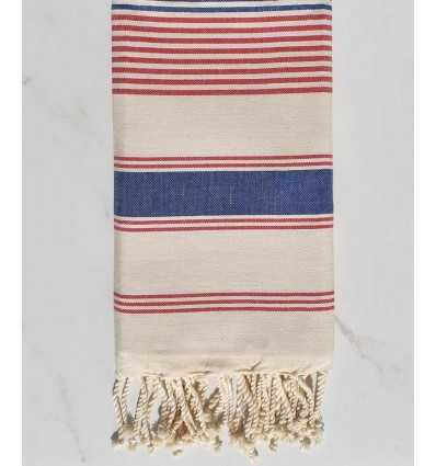 Fouta dina blanc crème, rouge et bleu jean