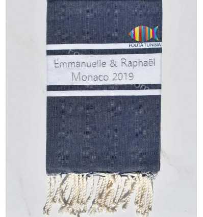 Fouta plate bleu jean foncé brodée au fil lurex argenté pour mariage