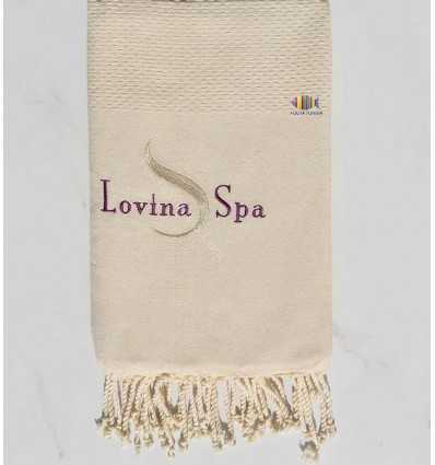 Fouta nid d'abeille unie beige clair brodée Lovina SPA