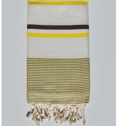 Fouta chevron blanc crème, jaune fluo et marron Fouta Tunisia - 1