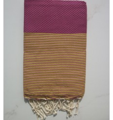 FOUTA NID D'ABEILLE rose cerise rayée jaune 