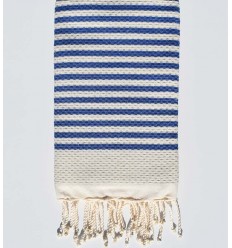 FOUTA nid d'abeille beige clair rayée 1 cm rayure bleu  - 1 2