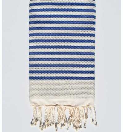 FOUTA nid d'abeille beige clair rayée 1 cm rayure bleu  - 2