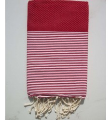 FOUTA NID D'ABEILLE rouge cinabre rayée blanc 