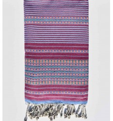 Serviette de plage arabesque magenta foncé avec rayures bleu Fouta Tunisia - 1