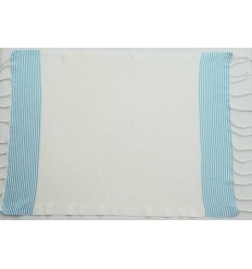 Lot de 10 serviettes de table blanc crème rayures bleu azur Fouta Tunisia - 1 2