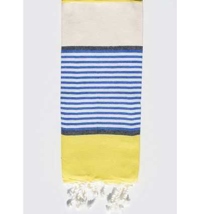 Serviette de plage enfant blanc crème, jaune, bleu et gris ardoise