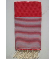 FOUTA NID D'ABEILLE rouge rayée gris 
