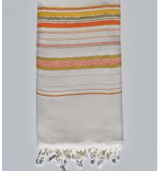 Jeté Fadhila blanc crème, orange et moutarde avec lurex Fouta Tunisia - 1
