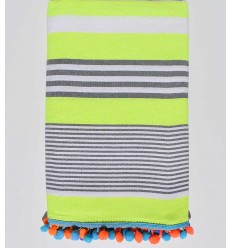 Serviette de plage jaune fluo rayée blanc et gris  - 1