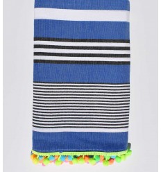 Serviette de plage bleu rayée blanc et noir avec pompons Fouta Tunisia - 1