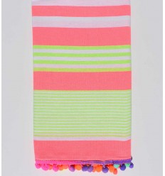 Serviette de plage rose fluo rayée vert fluo et blanc  - 1