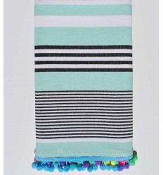 Serviette de plage pompon vert opaline rayée en noir et blanc  - 1